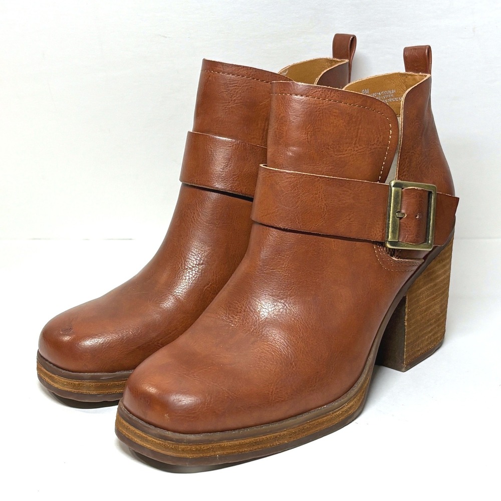 Korks‎ Ankle Boots Womens 9 Brown Buckle Strap Chunky Block Heel Square Toe